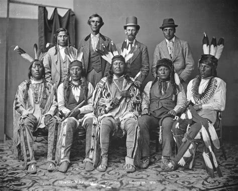 Arikara / Mandan Delegation of 1874 | Standing L-R: Running Face, Mandan; unknown, unknown, unk ...