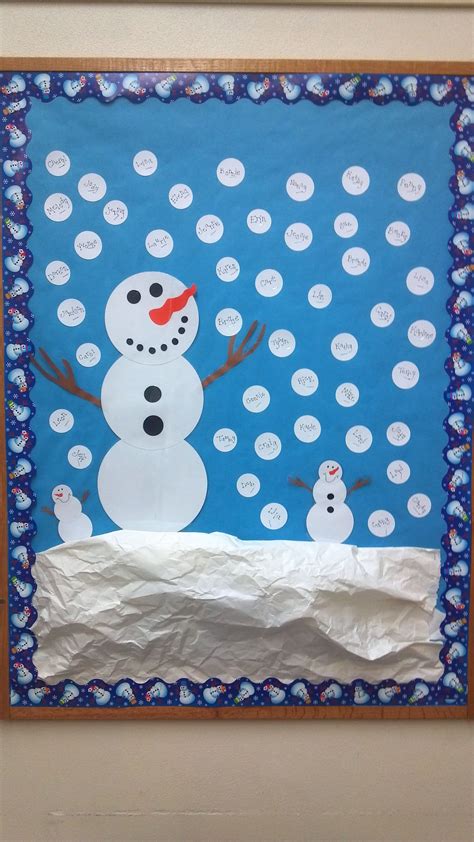 Snowman Bulletin Board. The "snowballs" have the staff names on them ...