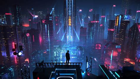 Digital art, men, city, futuristic, night, neon, science fiction • For ...