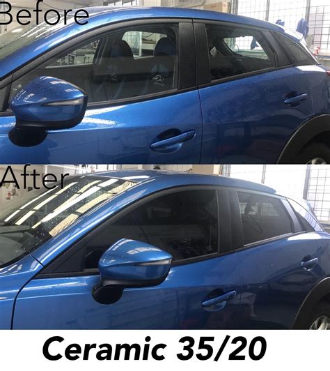 before and after photos of a blue car's side view mirror with the words ceramic detailing on it