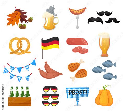 Traditional symbols of the Oktoberfest icons set. German national ...