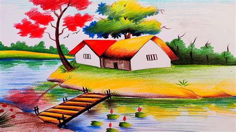 Landscape Scenery Drawing by Color Pencil /Color pencil Drawing for Begi... in 2020 | Easy ...