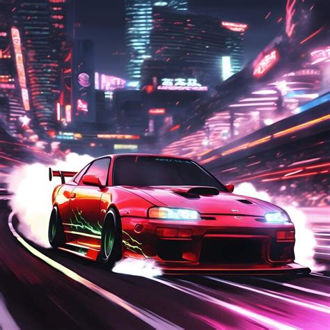 Premium AI Image | Thrilling Tokyo drift racing Neonlit speed and skids