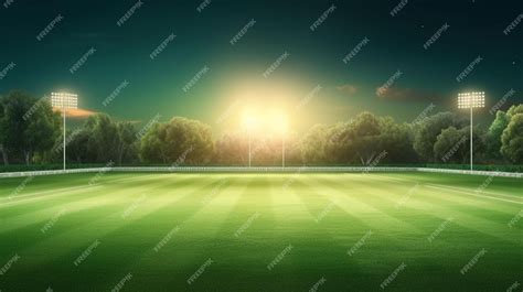 Premium AI Image | A football field with a green field and lights that are lit up at night.