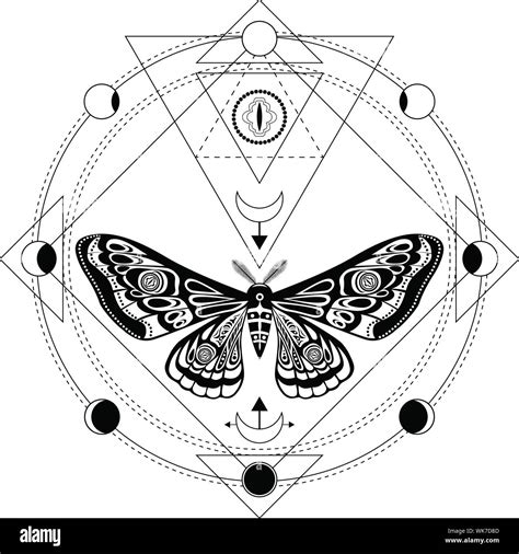 Night moth, butterfly pupa. Sacred geometry, esoteric symbols. Black ...