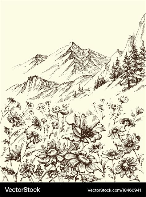 Mountain landscape flowers border sketch Vector Image