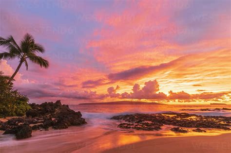 Secret Beach at sunset, Maui, Hawaii, USA stock photo