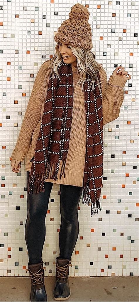 brown knit hat and coat | Stylish winter outfits, Fashion, Work dresses outfits