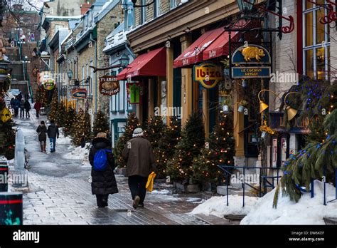 Winter view of Rue Petit Champlain in Quebec City, Canada Stock Photo ...