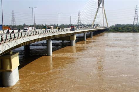 A view of Signature bridge after the water level of Yamuna river increases