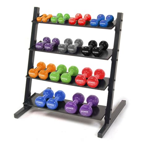 Neoprene/Vinyl Dumbbell 4-Tier Rack w/ Deluxe Vinyl DB Prime Set 1-15 ...