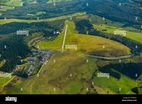 Aerial view, gliding center, German Gliding Museum, Wasserkuppe in the Hessian district of Fulda ...