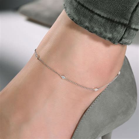 14K White Gold Ankle Bracelet with Marquise Shaped Diamond Stations | AB753W45JJ