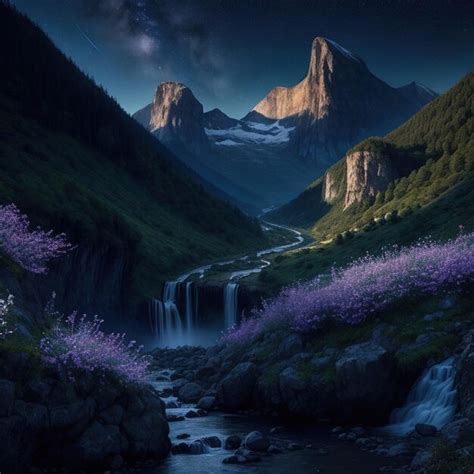 Premium AI Image | Mountain valley with waterfall