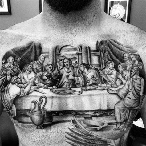 3d Shaded Last Supper Black Ink Guys Tattoos On Upper Chest Cool Chest Tattoos, Chest Piece ...