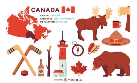 Set of illustration featuring typical Canadian elements such as the maple leaf, rangers, bears ...