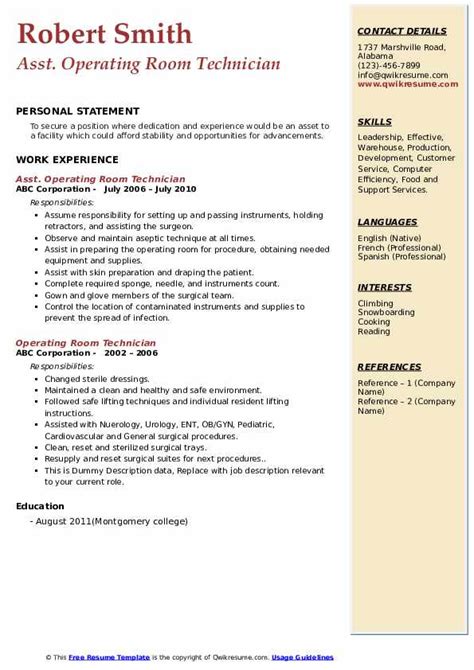 Operating Room Technician Resume Samples | QwikResume