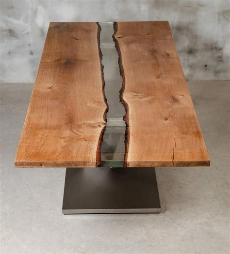 Live edge table made of oak wood, epoxy table with brushed steel, UV resin table, modern dining ...