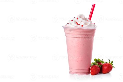 Strawberry milkshake in plastic takeaway cup isolated on white background with copy space ...