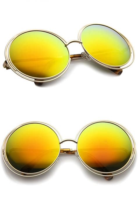 Women's High Fashion Oversize Wire Frame Mirror Lens Round Sunglasses 61mm