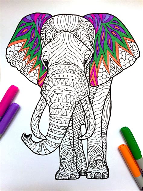 Elephant – PDF Zentangle Coloring Page – Scribble & Stitch