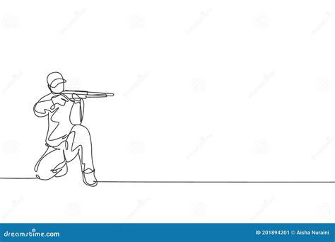 Single Continuous Line Drawing of Young Athlete Man Shooter Holding Gun ...