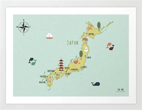 an illustrated map of the country of japan with all its major cities and their flags