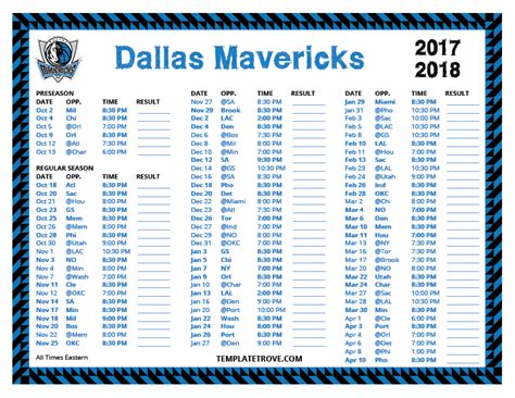 Printable 2017-2018 Dallas Mavericks Schedule