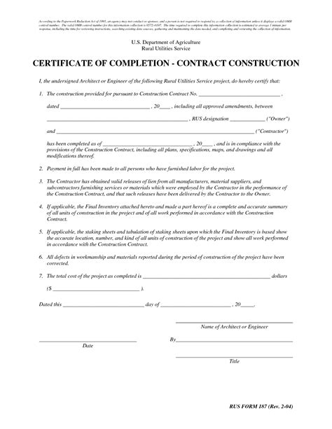 Free Contractor Certificate Of Completion Form - Free Printable Documents