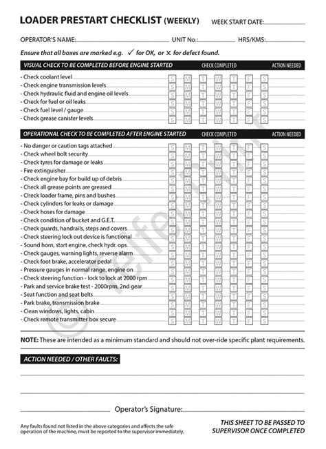 Front End Loader Inspection Checklist