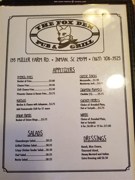 Menu at The Fox Den Pub & Grill, Inman