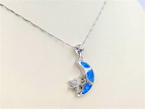 Moon and Star Necklace 925 Silver Crescent Moon With Blue Opal & Pave ...