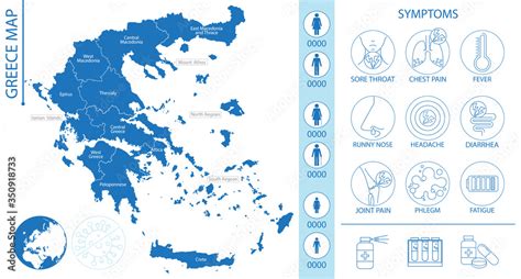 Greece map with pictograms and icons of symptoms, Covid-19 and other respiratory diseases ...