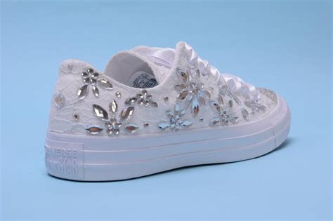 Custom Converse Sneakers With Rhinestone, Wedding Sneakers, White Bridal Sneakers With Lace ...