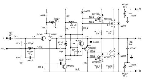 200W MOSFET Amplifier based IRFP250N | Electronic Schematic Diagram