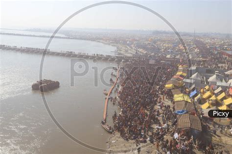 Image of Aerial View of Tents And Pilgrims At Triveni Sangam River Bank ...