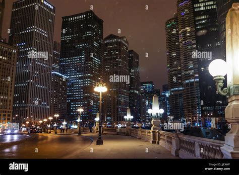 Chicago Downtown at Night Snowing Stock Photo - Alamy