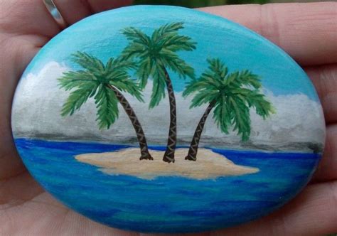 Easy Painted Rocks idea. Beach scene. Palm trees. Sand | Rock painting ...