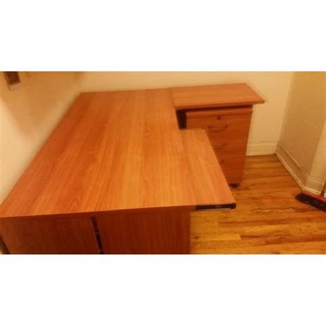Steelcase Cherry L-Shaped Desk & File Cabinet - AptDeco