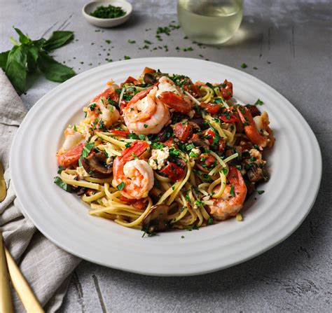 Spot Prawn Pasta with Tomatoes, Mushrooms, and Feta - Rhubarb & Lavender