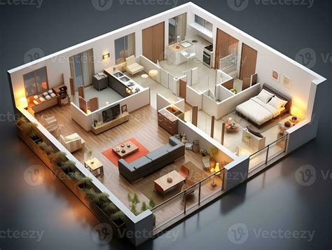 AI generated 3D floor plan of an open concept living apartment layout ...