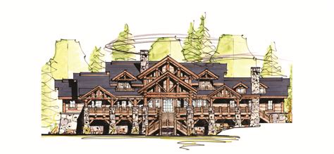 this is an artist's rendering of the front elevation of a log - style house