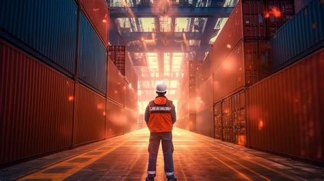 Premium AI Image | Industrial worker working in port with container cargo freight ship and ...