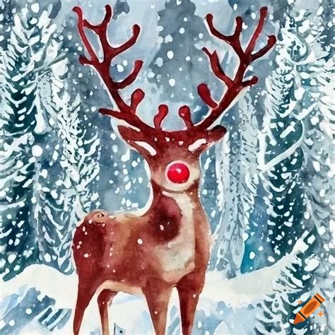 Watercolor christmas card of rudolph in snowy forest on Craiyon