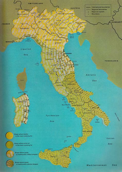 Map of Italy divided into regions of pasta type and cooking fat - scanned from Time-Life Books ...