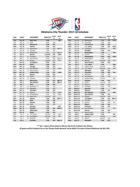 Okc Thunder Printable Schedule