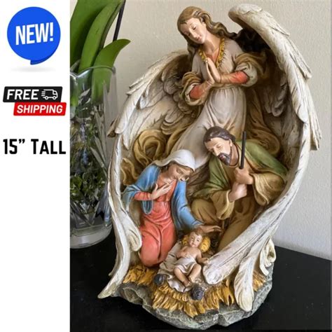 GUARDIAN ANGEL WINGS Holy Family Nativity Figurine Baby Jesus Mary ...