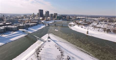 Drone video of snow-covered Dayton, Ohio