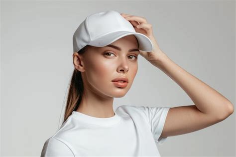 Premium Photo | Woman wearing white baseball cap mockup template