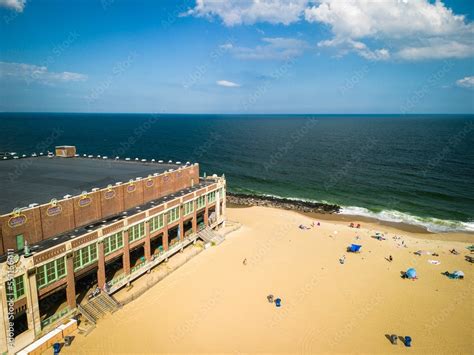 Drone of a building in Asbury Park Beach Boardwalk New Jersey by the ...